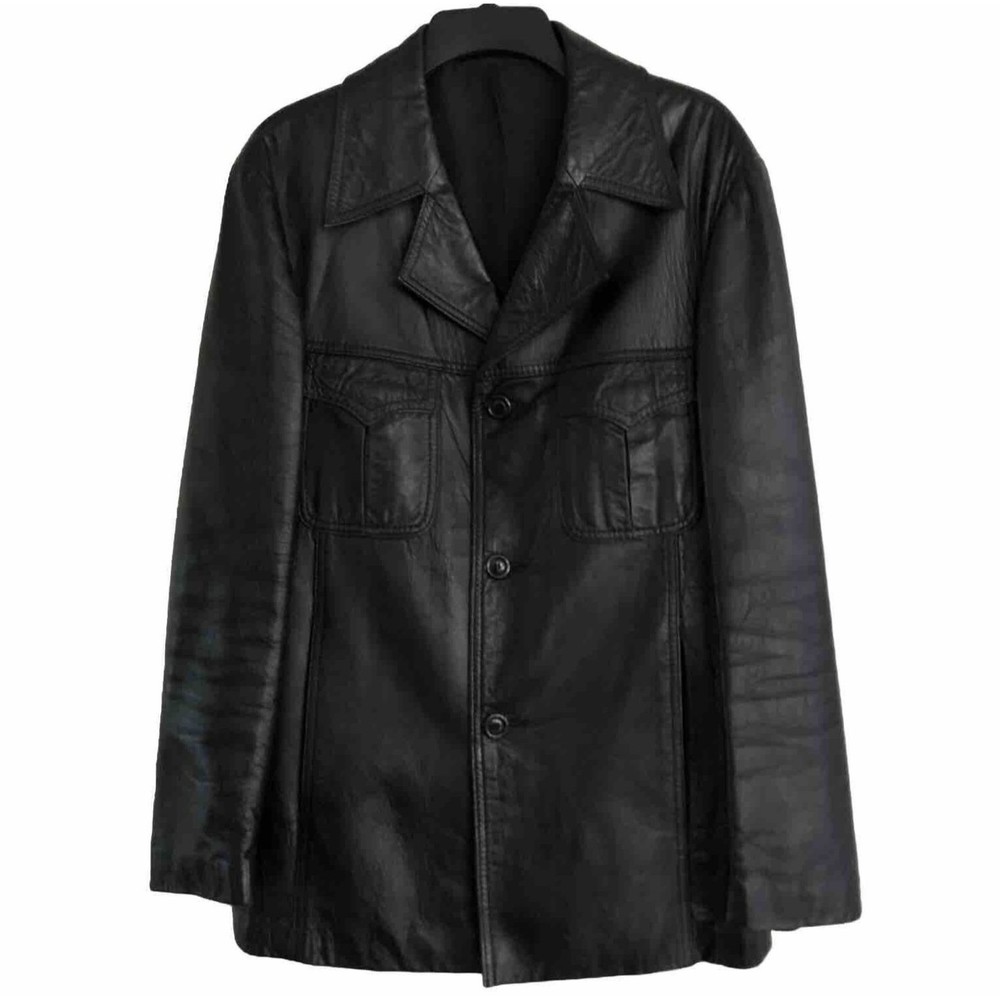 VTG 70s Leather Blazer Mens L Jacket Notch Collar 3 Button Front Chest Pockets